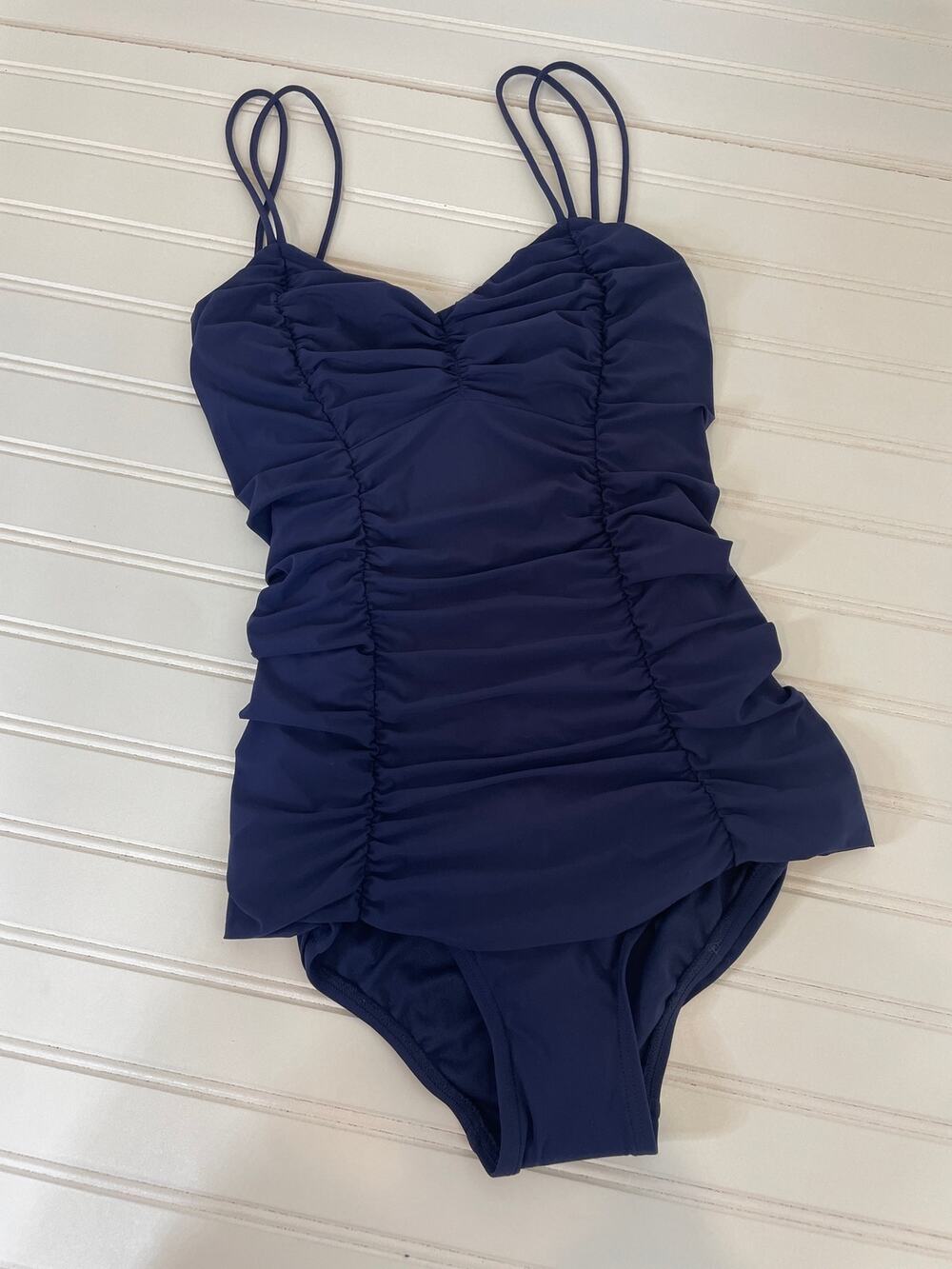 NWOT Michael Kors Swimsuit Navy Blue Ruched Strappy V-Neck 1 PC One Piece Sze XS